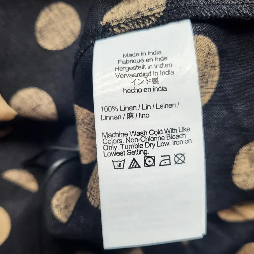 J Crew Linen Square Neck Button Down Top Black Tan Polka Dot Puff Sleeve Small